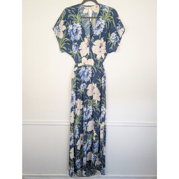 Anthropologie d.RA Maxi Dress Santorini Floral Tropical Boho Blue Cream Size L - Picture 4 of 13